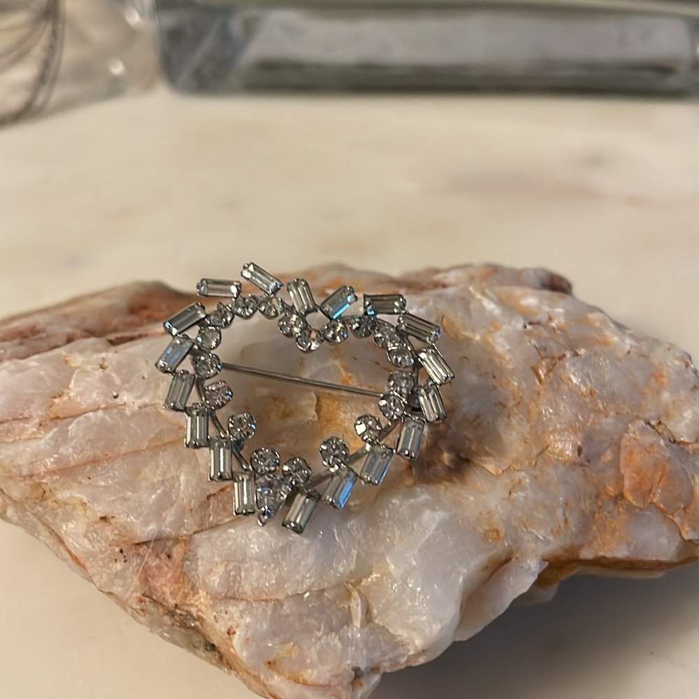 Sterling Silver Vintage Carl Art Rhinestone Silver Heart Brooch